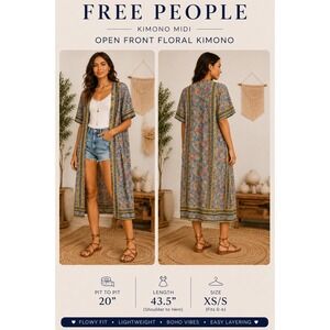 FP TO LOVE Floral Boho Maxi Kimono Cardigan Teal Blue One Size Open Front Duster